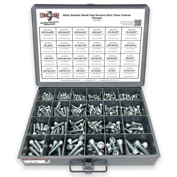 Boltsandnuts.Com Alloy Socket Head Cap Screws Zinc Clear Coarse Thread - 453 pcs Assortment Kit #353 - main